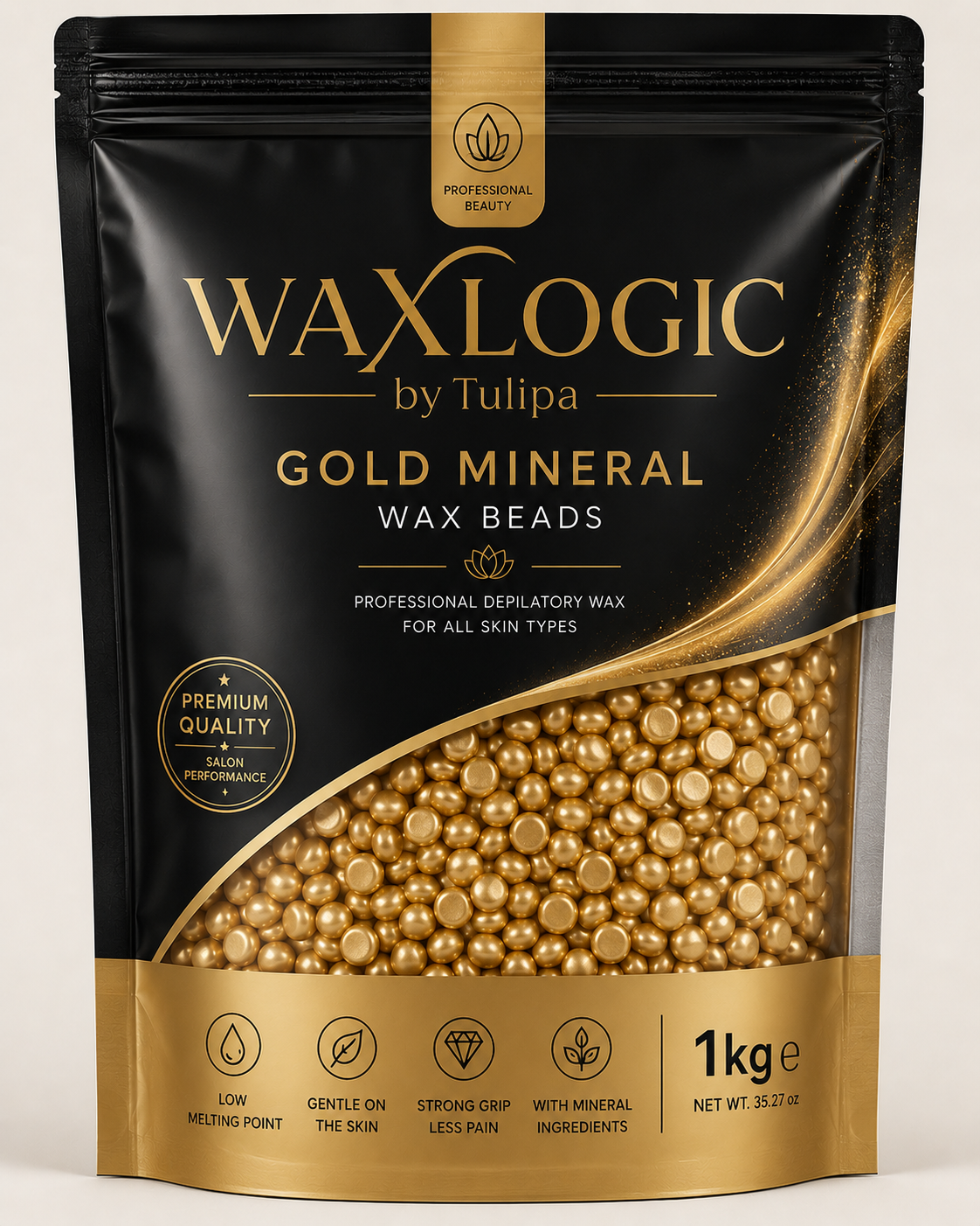 Waxlogic Gold Mineral Wax Beads packaging on a beige background