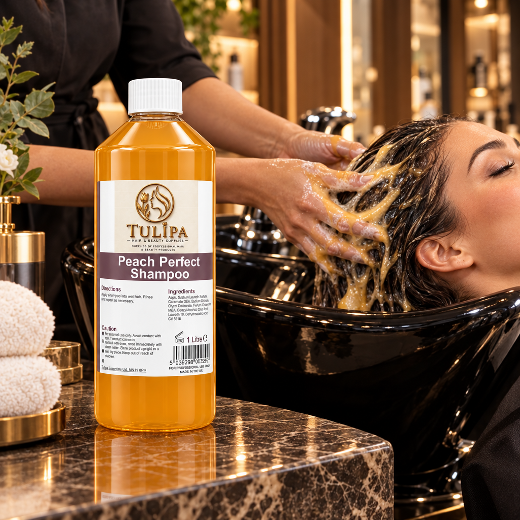 A 1 Liter bottle of Tulipa Peach Perfect Shampoo standing on a dark countertop in a salon setting with black washing machines and warm shelves in the background.