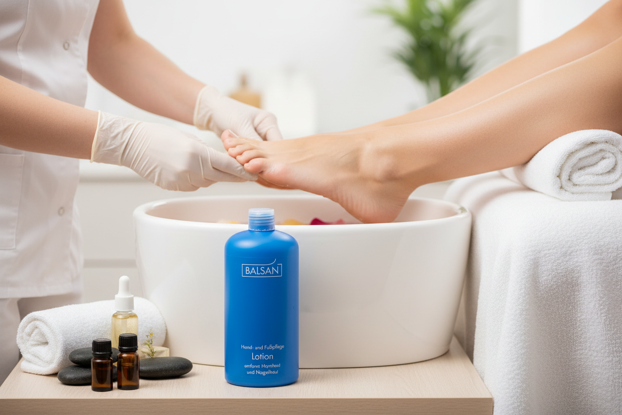 Bottle of Balsan Footcare Lotion for dry, cracked feet – professional footcare product

